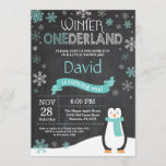 Winter Onederland 1st Birthday Invitation<br><div class="desc">Winter Onederland 1st Birthday Invitation. Penguin. Aqua Teal Turquoise and White Snowflake. First Birthday. Boy or Girl 1st Bday Invite. Chalkboard Background. Black and White. For further customization,  please click the "Customize it" button and use our design tool to modify this template.</div>