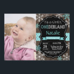 Winter Onederland 1st Birthday Invitation<br><div class="desc">Winter Onederland Boy or Girl 1st Birthday Invitation with custom photo. Aqua Teal Turquoise and White Snowflake. First Birthday. Boy or Girl 1st Bday Invite. Rustic Wood Chalkboard Background. Black and White. Aqua Teal Turquoise Ribbon. For further customization, please click the "Customize it" button and use our design tool to...</div>