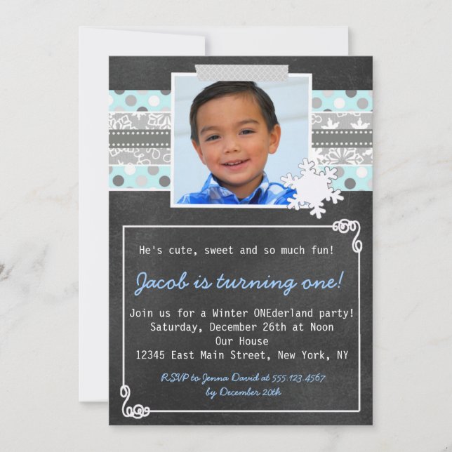 Winter ONEderland 1st birthday invitation Blue (Front)