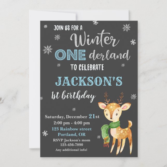 Winter onederland 1st birthday invitation Deer (Front)