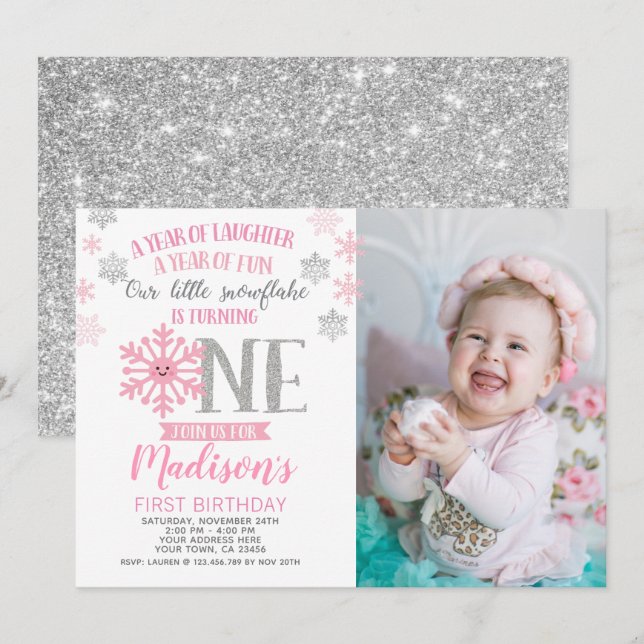 Winter Onederland 1st Birthday Invitation Photo (Front/Back)