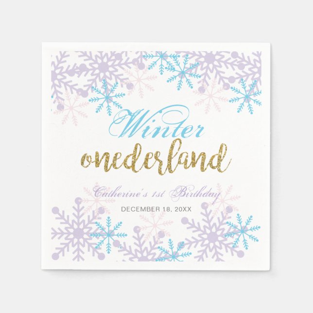 Winter Onederland 1st Birthday Lavender Blue Snow Napkin (Front)