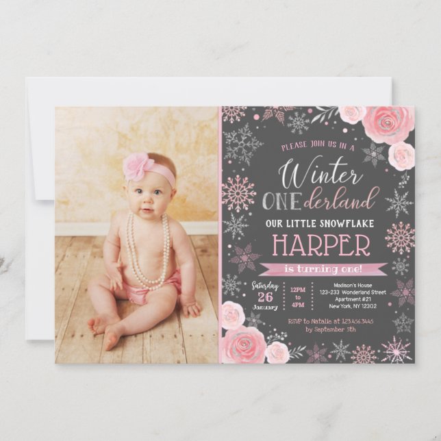 Winter ONEderland 1st Birthday Photo Invitations (Front)
