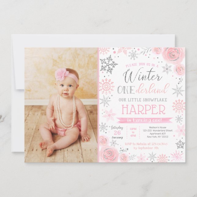 Winter ONEderland 1st Birthday Photo Invitations (Front)