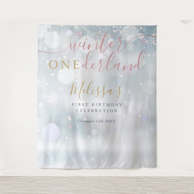 Winter Onederland 1st Birthday Pink And Gold Tapestry (Front)