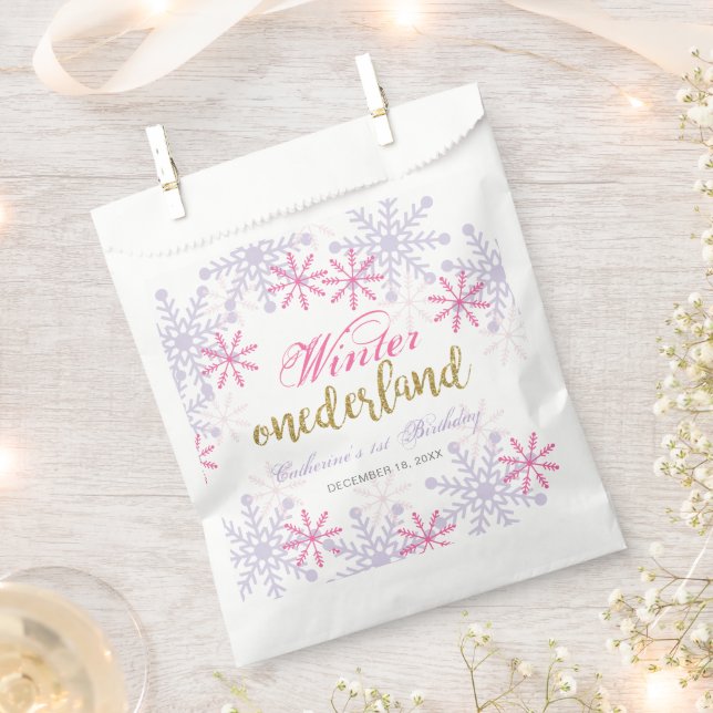 Winter Onederland 1st Birthday Purple Pink Snow Favour Bag (Clipped)