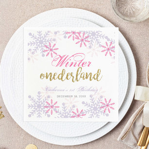 Winter Onederland 1st Birthday Purple Pink Snow Napkin