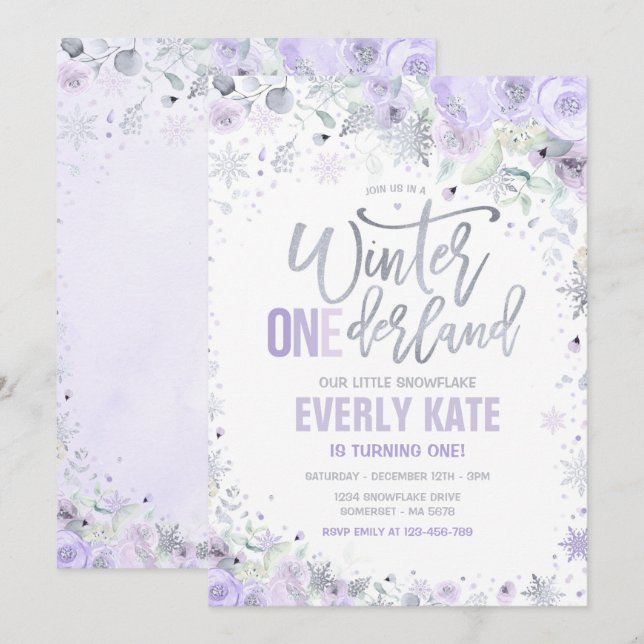 Winter ONEderland 1st Birthday Silver Lilac Purple Invitation (Front/Back)