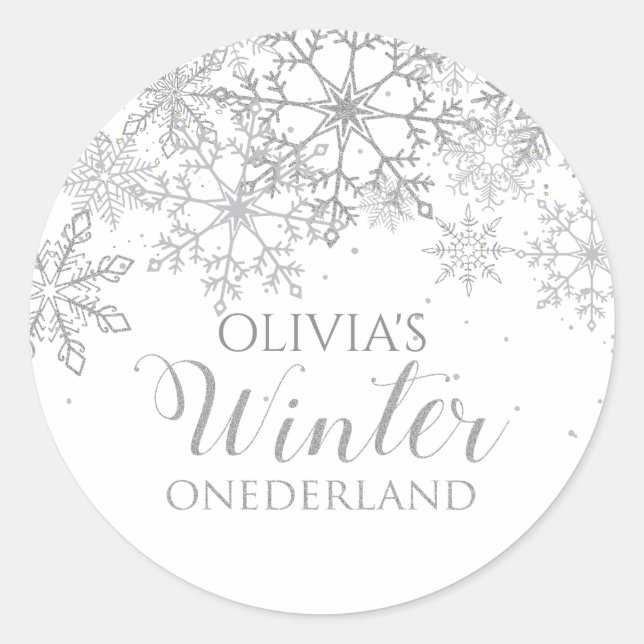Winter Onederland 1st Birthday Silver snowflakes Classic Round Sticker (Front)
