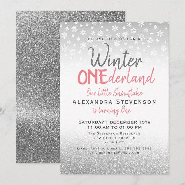Winter ONEderland 1st Birthday Silver Snowflakes Invitation (Front/Back)