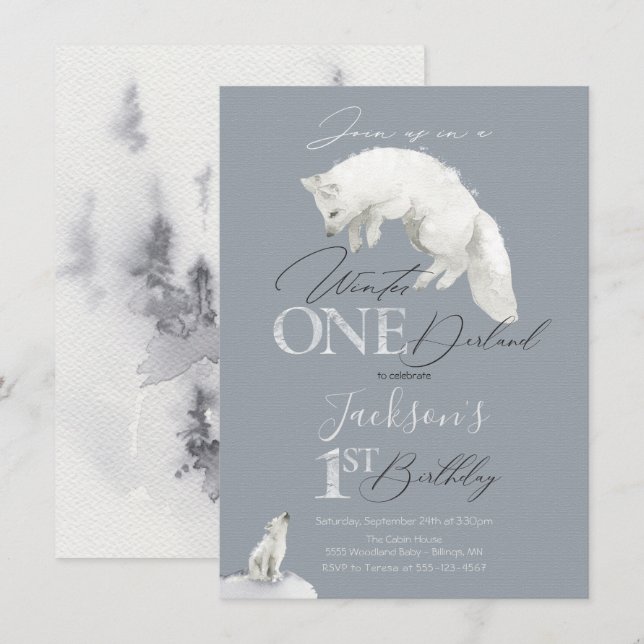 winter onederland 1st birthday white artic fox invitation (Front/Back)