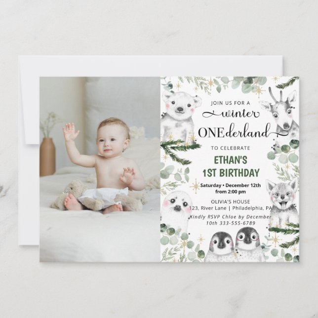 Winter Onederland Animals 1st Birthday Photo Invitation (Front)