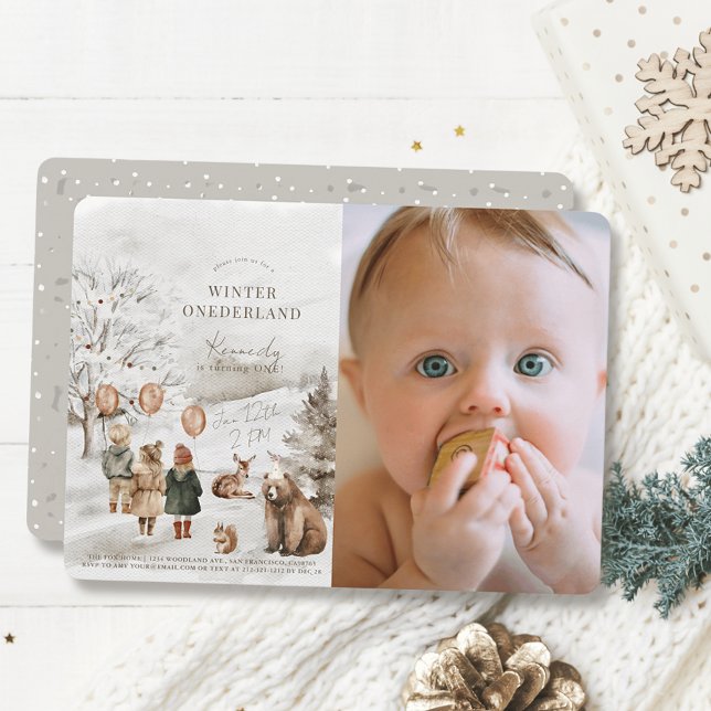 Winter Onederland Animals Kids 1st Birthday Photo Invitation (Creator Uploaded)