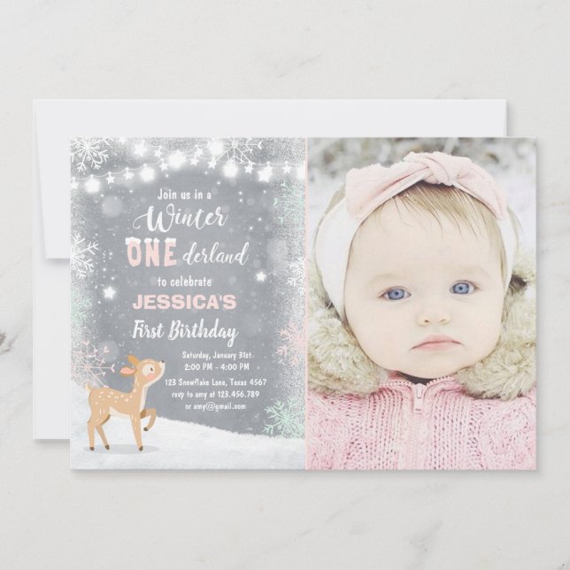 Winter Onederland anniversaire invitation Mint ros (Devant)