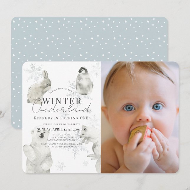 Winter Onederland Arctic Animals Boy 1st Birthday  Invitation (Front/Back)