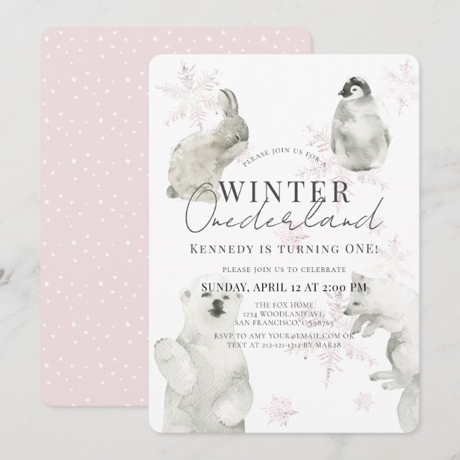 Winter Onederland Arctic Animals Girl 1st Birthday Invitation (Front/Back)