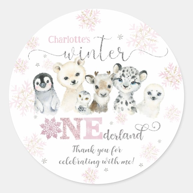 Winter Onederland Arctic Animals Snow 1st Birthday Classic Round Sticker (Front)