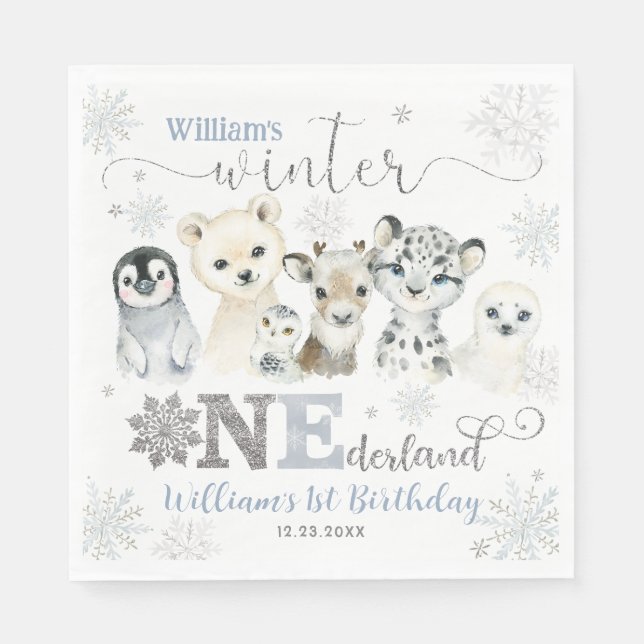 Winter Onederland Arctic Animals Snow 1st Birthday Napkin (Front)