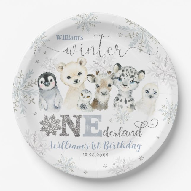 Winter Onederland Arctic Animals Snow 1st Birthday Paper Plate (Front)