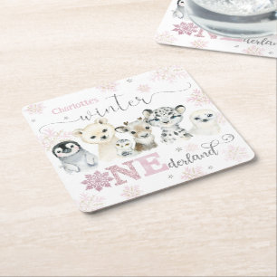 Winter Onederland Arctic Animals Snow 1st Birthday Square Paper Coaster