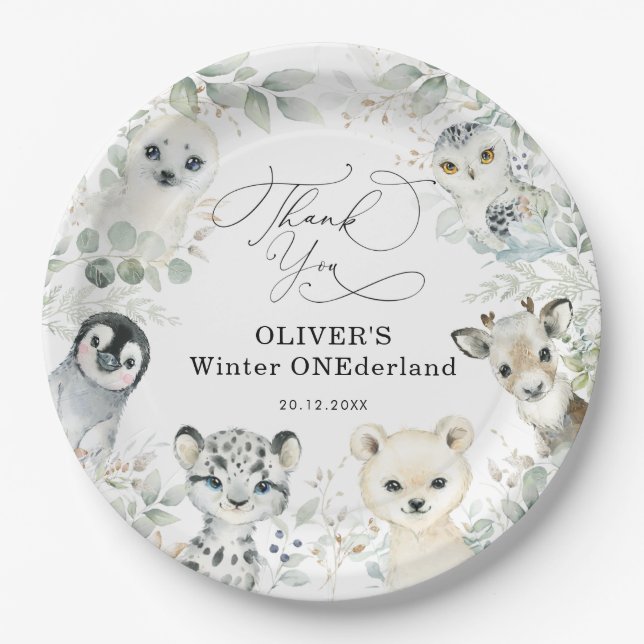 Winter ONEderland Arctic Animals Snowy Forest Paper Plate (Front)
