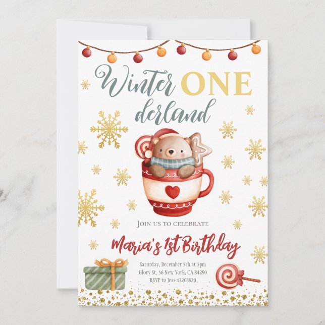 Winter Onederland Bear Birthday Invitation (Front)