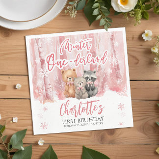 Winter Onederland Bear Pink First Birthday Party Napkin