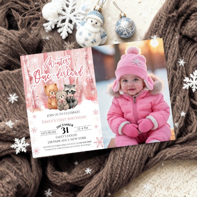 Winter Onederland Bear Pink First Birthday Photo Invitation (Creator Uploaded)