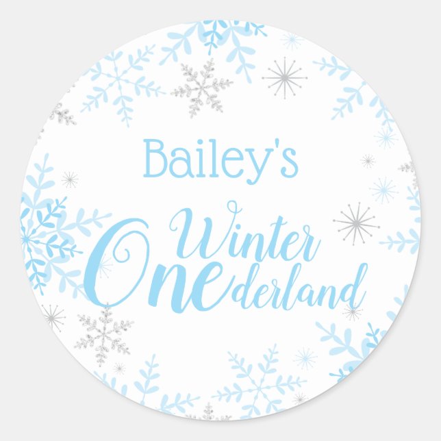 Winter ONEderland Birthday Blue Silver Glitter Classic Round Sticker (Front)
