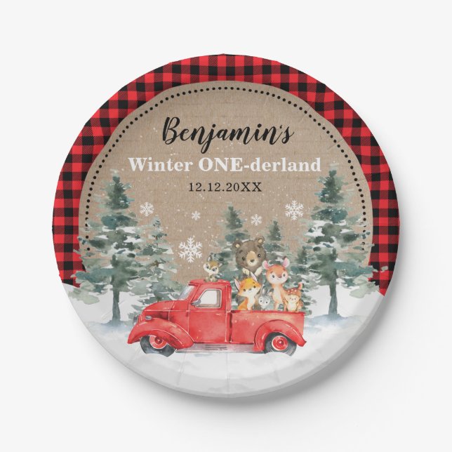 Winter ONEderland Birthday Forest Woodland Animals Paper Plate (Front)