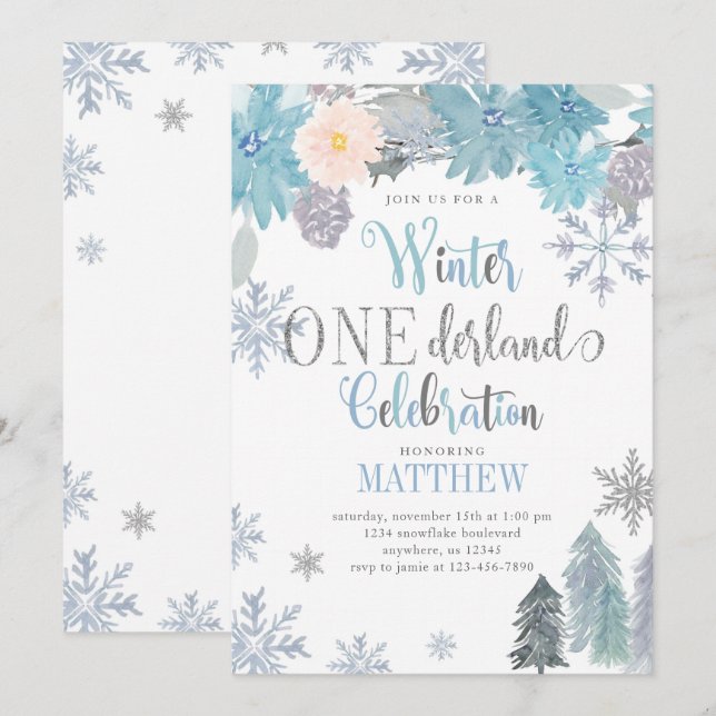 Winter ONEderland Birthday Invitation Blue Boy (Front/Back)