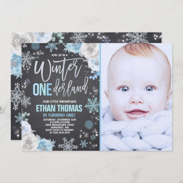 Winter ONEderland Birthday Invitation Blue Silver (Front/Back)