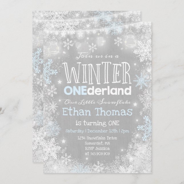 Winter ONEderland Birthday Invitation Blue White (Front/Back)