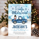 Winter Onederland Birthday Invitation, Boy Invitation<br><div class="desc">A Winter ONEderland!!! Enjoy this navy blue Winter Wonderland Christmas truck birthday invitation! It's the perfect way to invite guests to your child's Christmas or winter themed birthday party. This birthday invitation designed with a vintage navy blue truck with a snowman against a snowy landscape!</div>