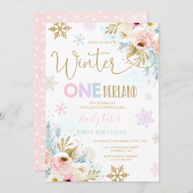 Winter ONEderland Birthday Invitation Gold Pink (Front/Back)