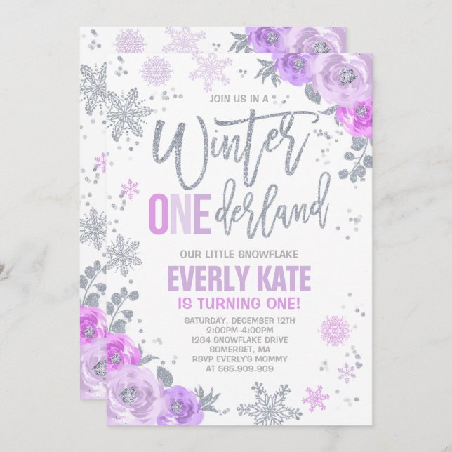 Winter ONEderland Birthday Invitation Lilac Silver (Front/Back)