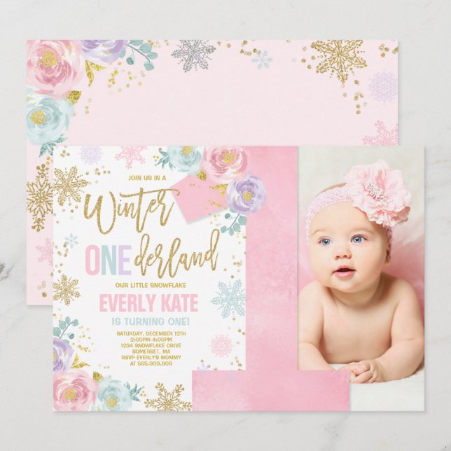 Winter ONEderland Birthday Invitation Pink Gold (Front/Back)