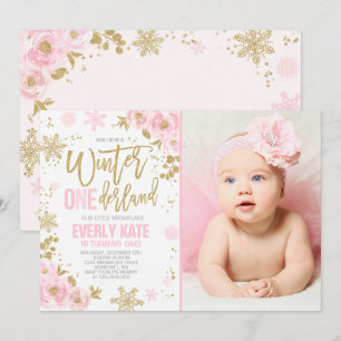 Winter ONEderland Birthday Invitation Pink Gold