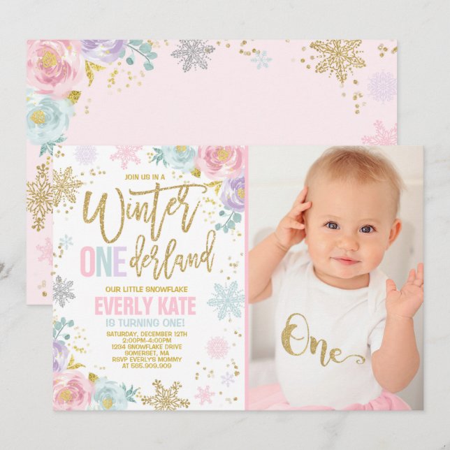 Winter ONEderland Birthday Invitation Pink Gold (Front/Back)