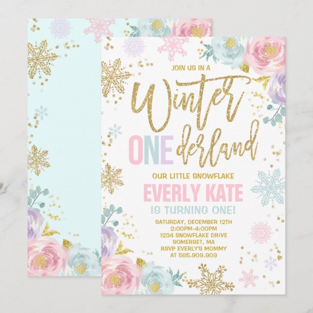 Winter ONEderland Birthday Invitation Pink Gold (Front/Back)