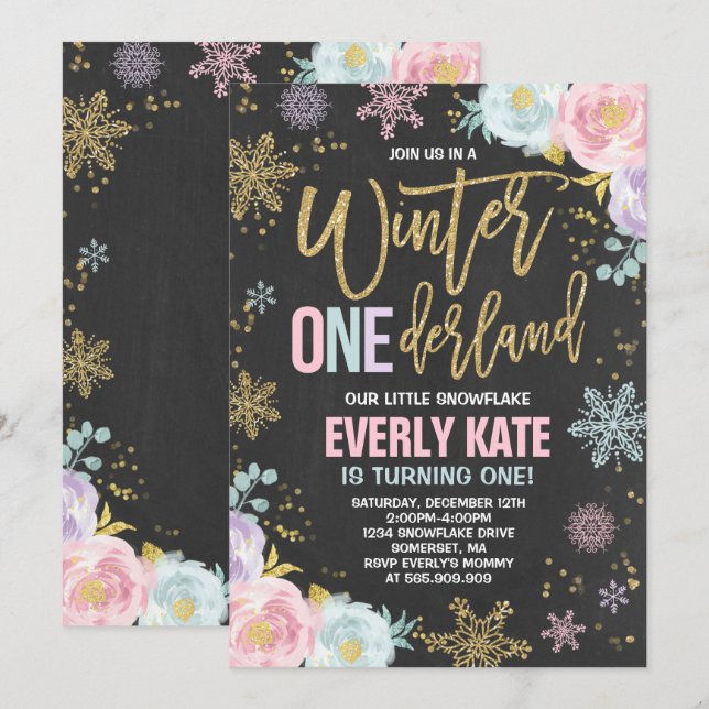 Winter ONEderland Birthday Invitation Pink Gold (Front/Back)