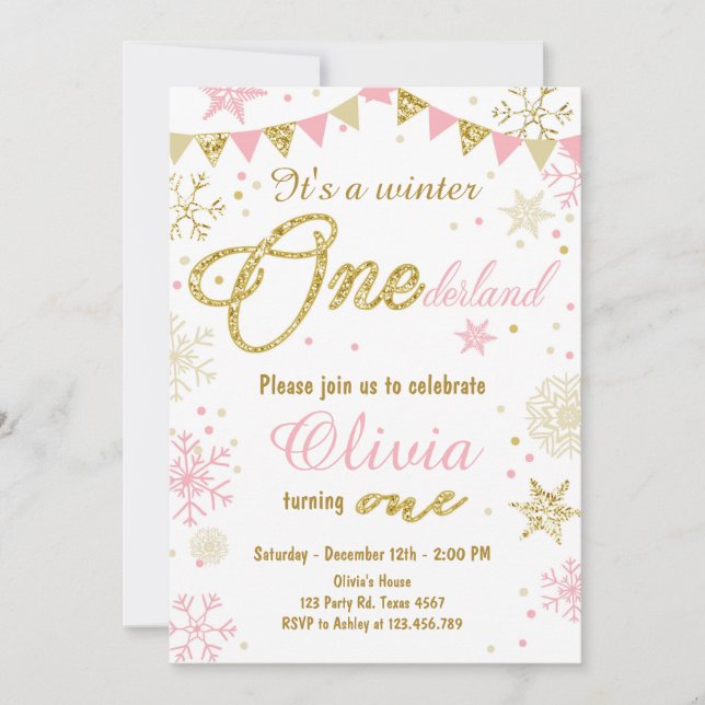 Winter Onederland birthday invitation Pink Gold (Front)