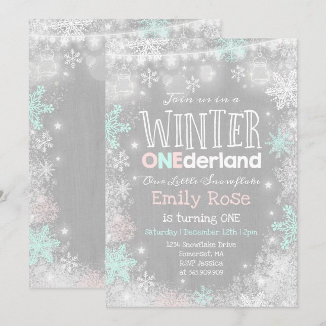 Winter ONEderland Birthday Invitation Pink Mint (Front/Back)