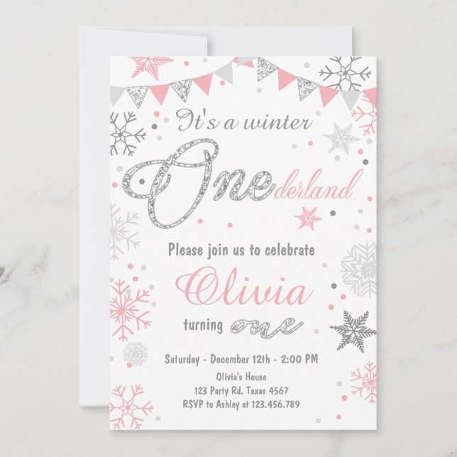 Winter Onederland birthday invitation Pink silver (Front)