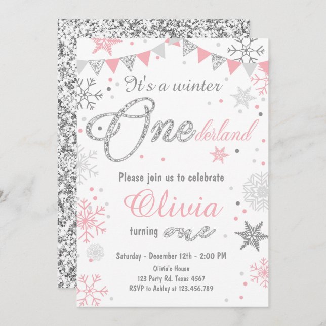 Winter Onederland birthday invitation Pink silver (Front/Back)