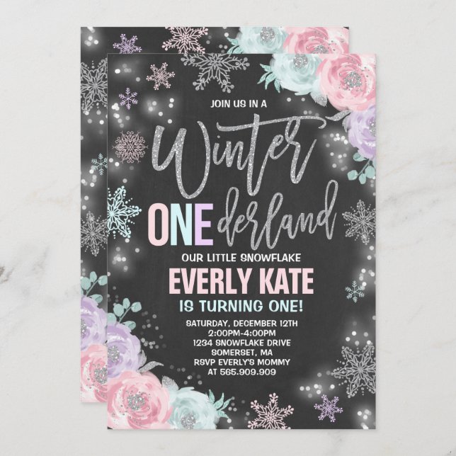Winter ONEderland Birthday Invitation Pink Silver (Front/Back)
