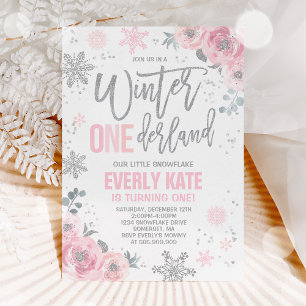 Winter ONEderland Birthday Invitation Pink Silver