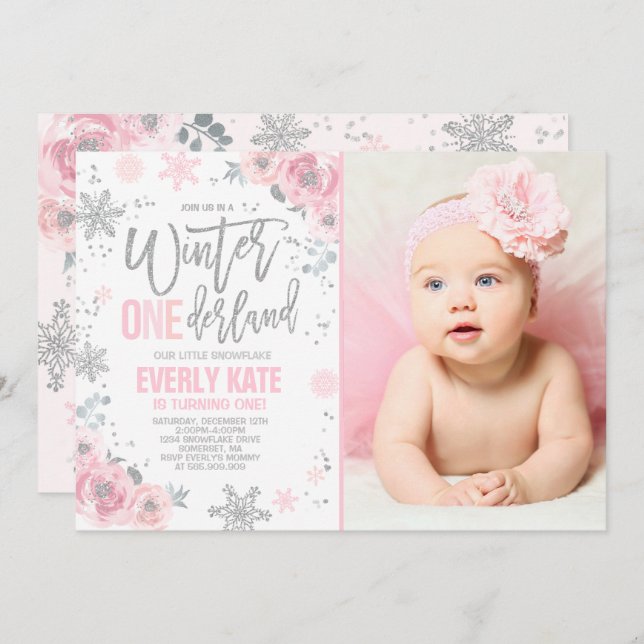 Winter ONEderland Birthday Invitation Pink Silver (Front/Back)