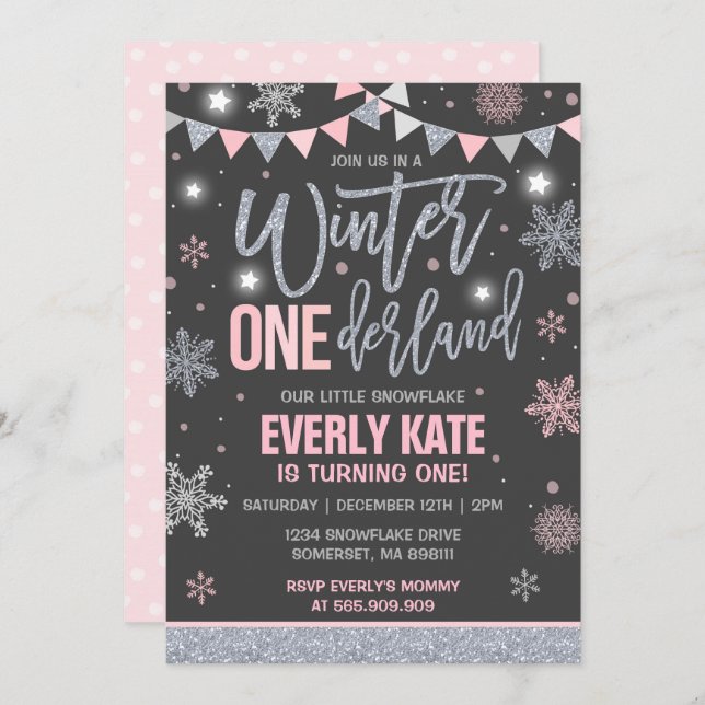 Winter ONEderland Birthday Invitation Pink Silver (Front/Back)
