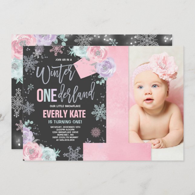 Winter ONEderland Birthday Invitation Pink Silver (Front/Back)